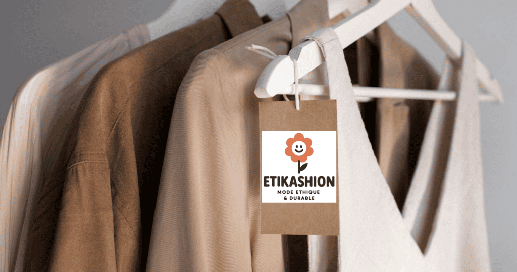 Vêtements aux tons naturels suspendus sur cintres, avec une étiquette de marque ‘Etikashion – mode éthique et durable’, illustrant une collection de vêtements responsables et écologiques.