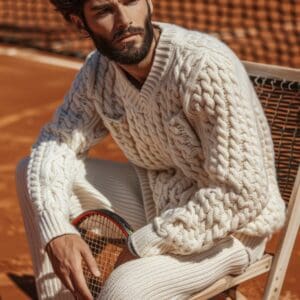 Homme en pull laine française écru Etikashion et pantalon assorti, style élégant sur court de tennis