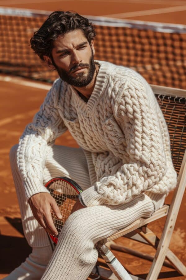 Homme en pull laine française écru Etikashion et pantalon assorti, style élégant sur court de tennis